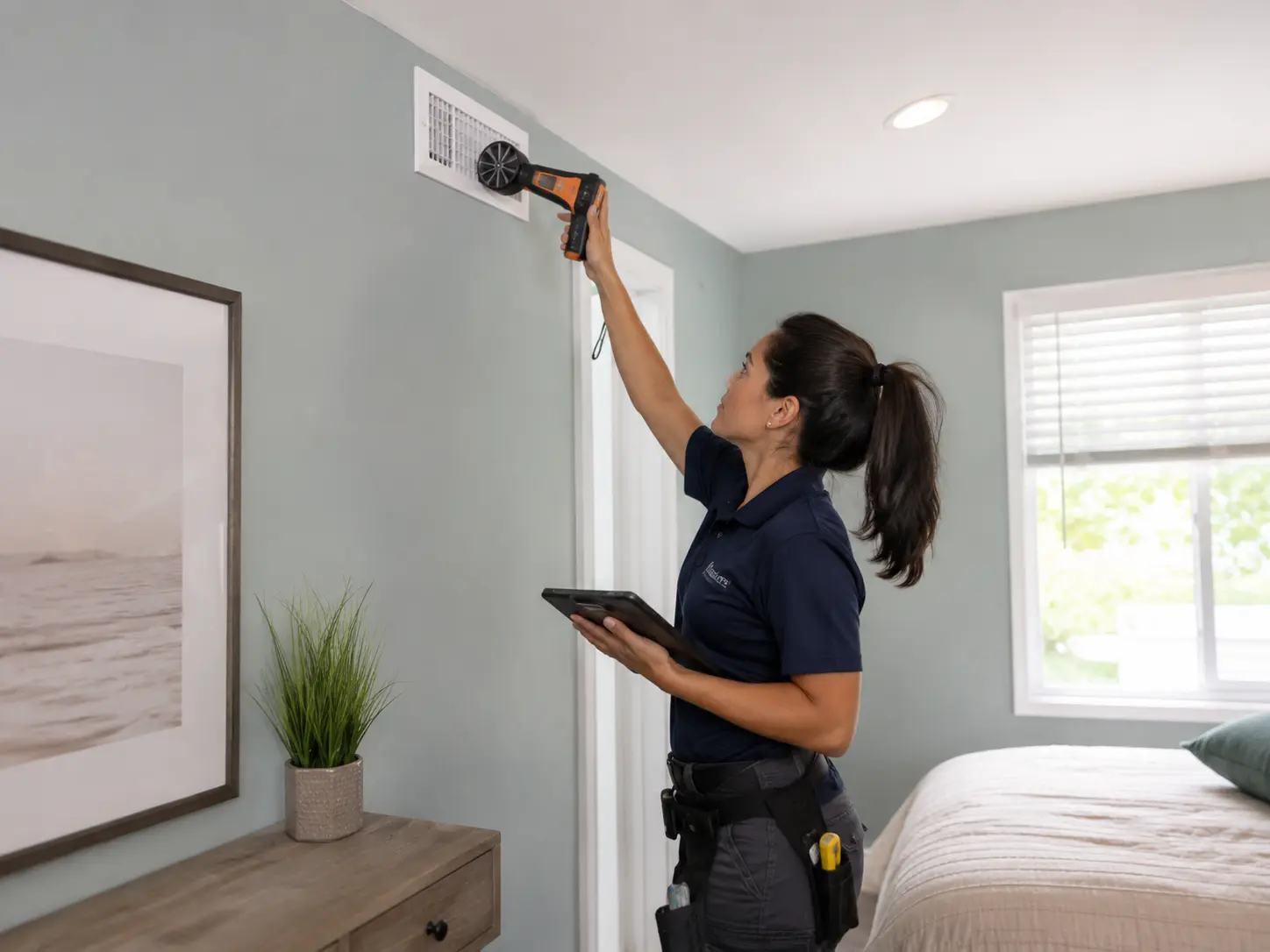 HVAC technician checking airflow at a supply register after duct service