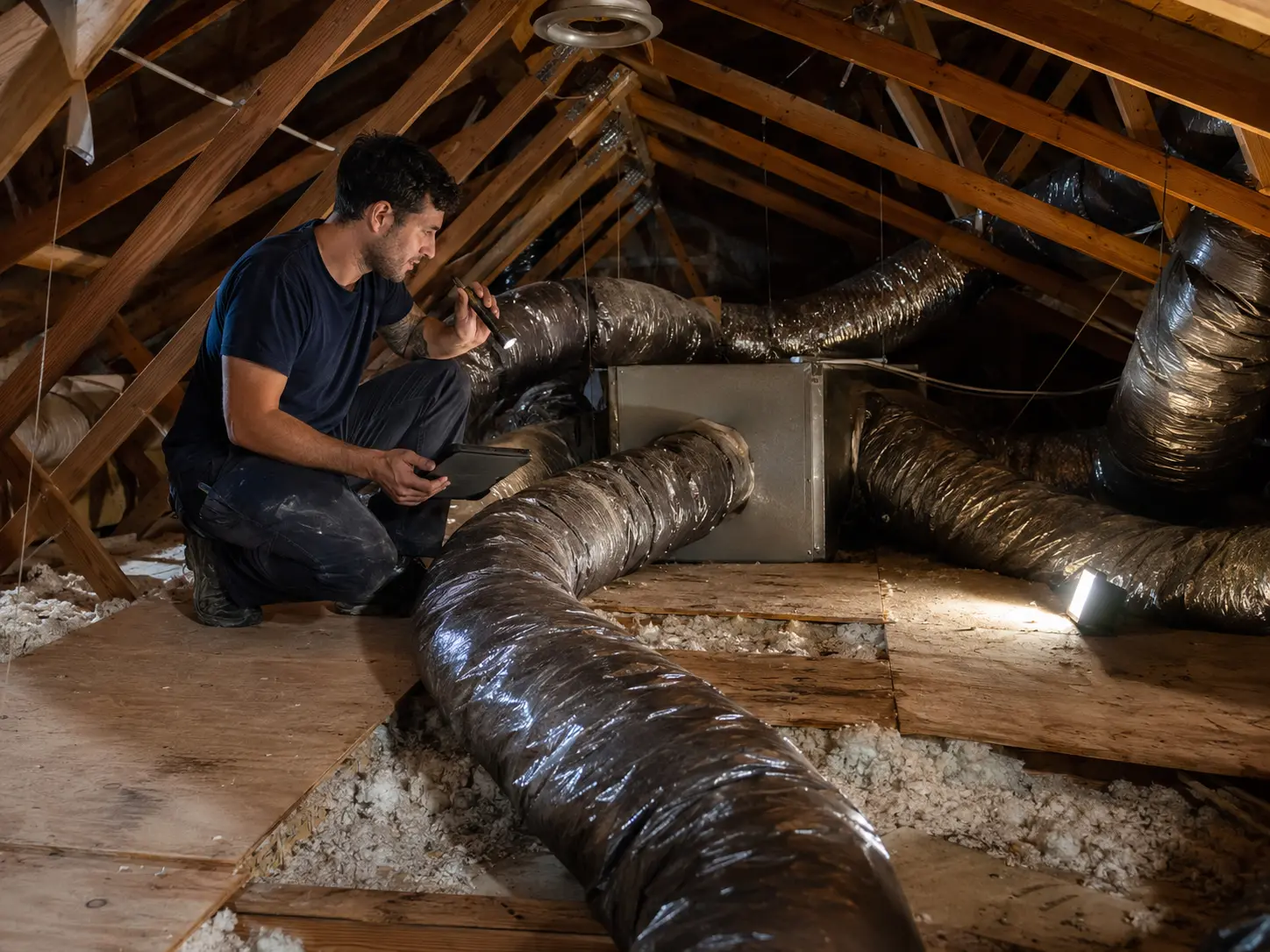 Technician reviewing attic HVAC duct layout and accessible connections in a Florida home