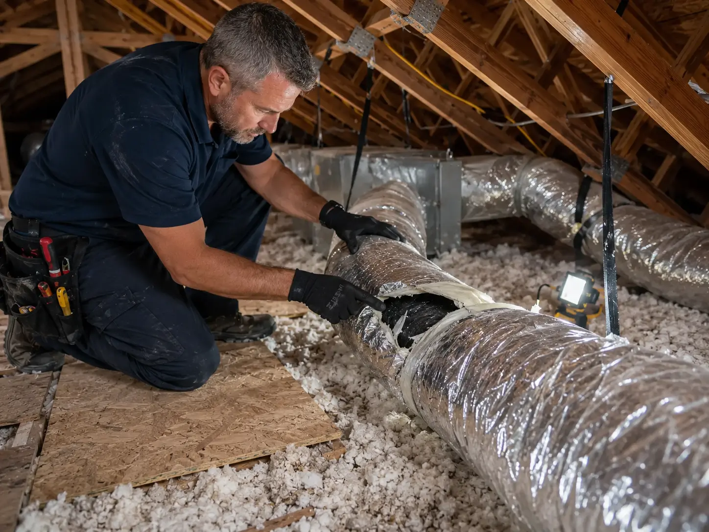 Technician inspecting a damaged HVAC flex duct section in a Florida attic