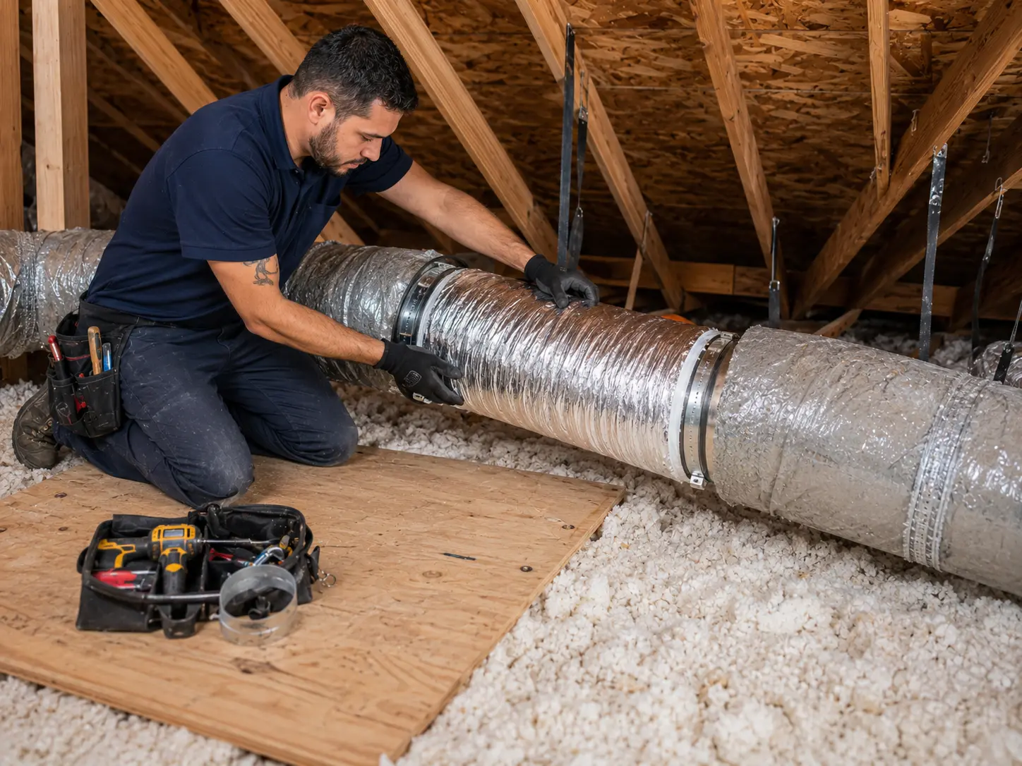Technician replacing one damaged attic HVAC duct section while leaving the rest of the ductwork in place