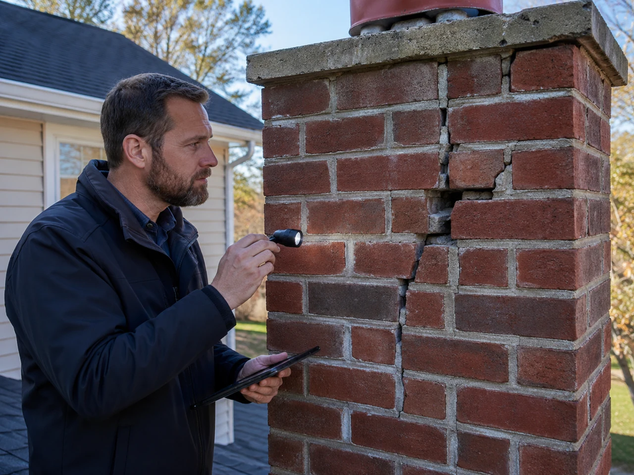Visible chimney masonry concern being reviewed during a Florida service visit