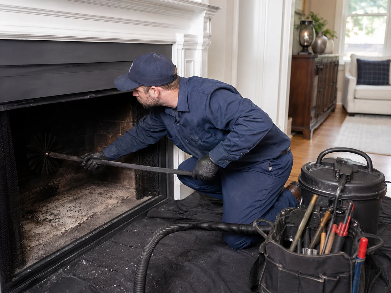 Professional working near the fireplace during an interior chimney repair-related visit in a Florida home
