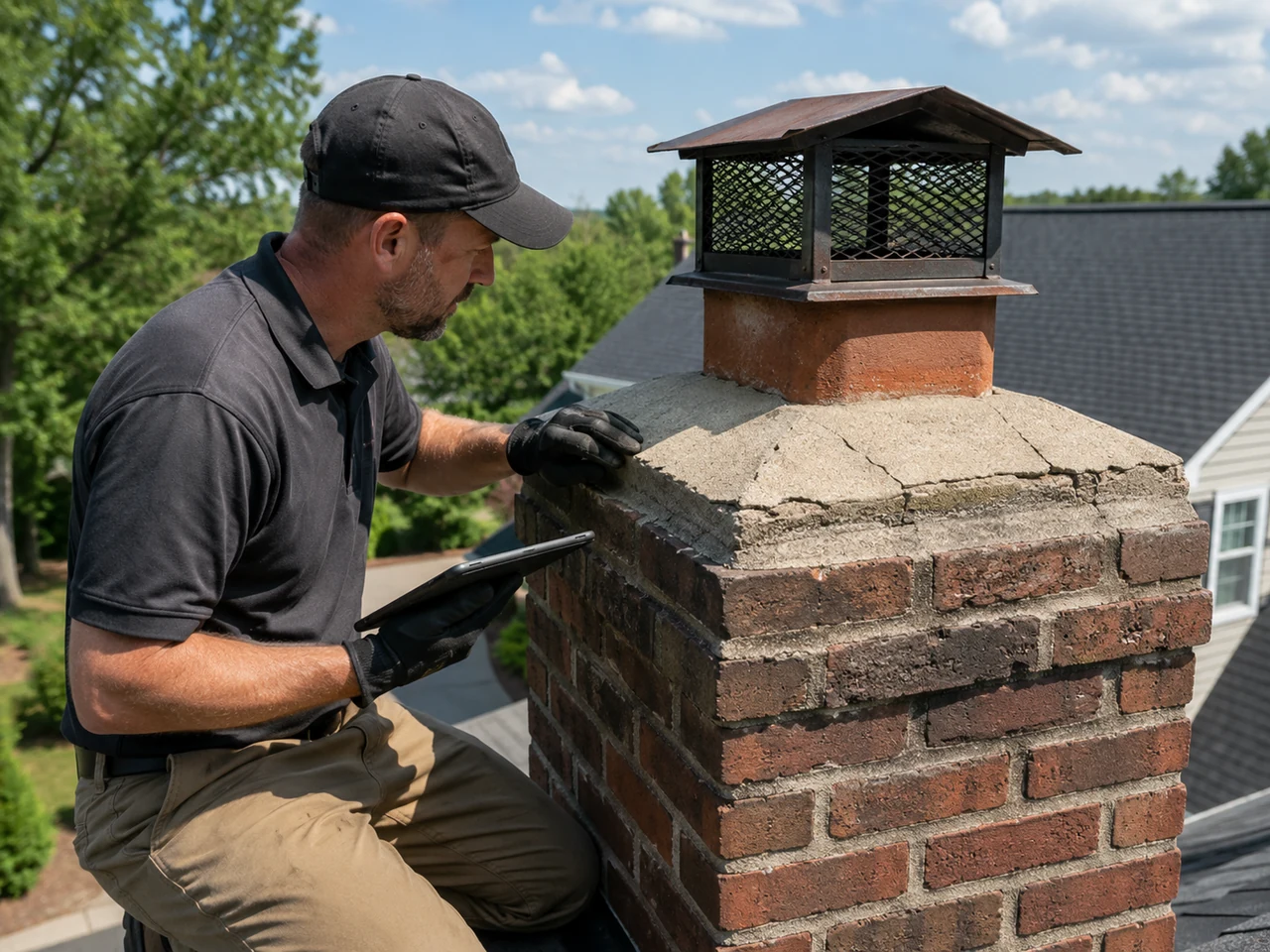 Professional checking the chimney crown and cap condition during a Florida repair visit
