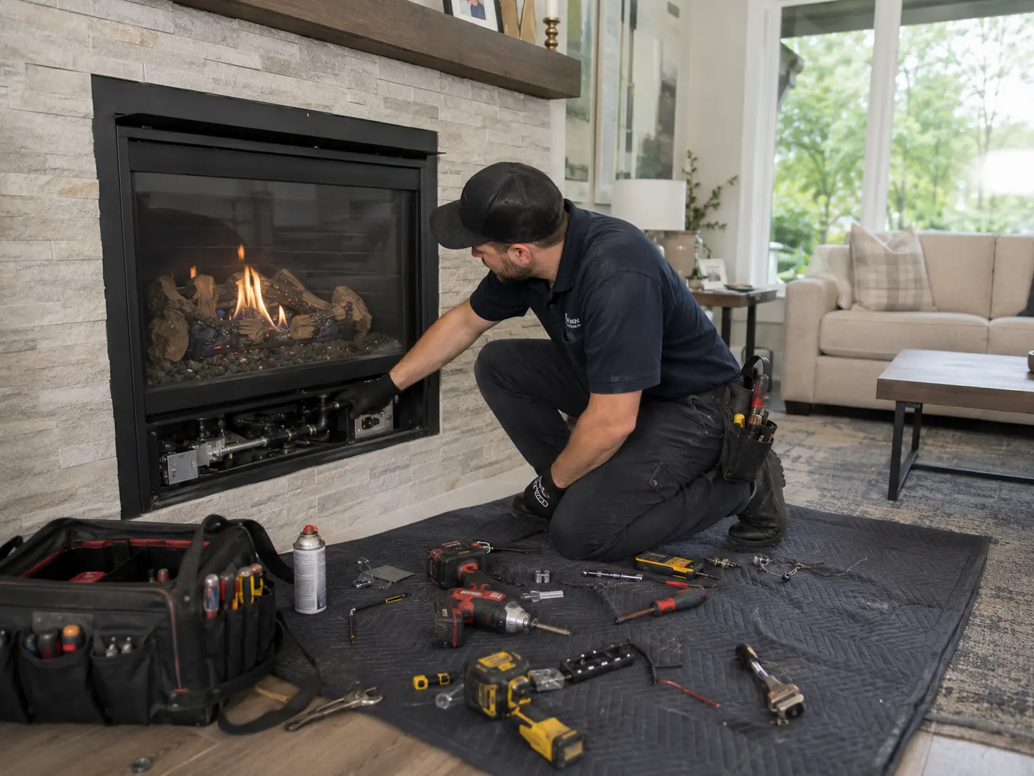 Professional performing gas fireplace service inside a Florida home