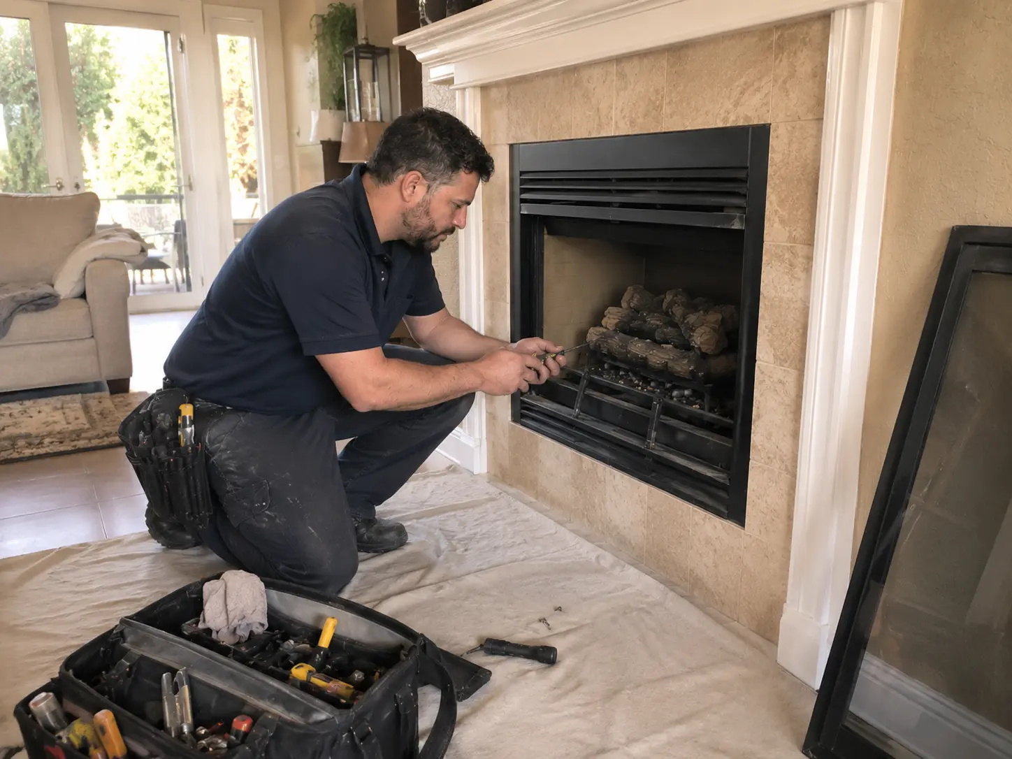 Professional carefully accessing a gas fireplace with the customer's floor protected
