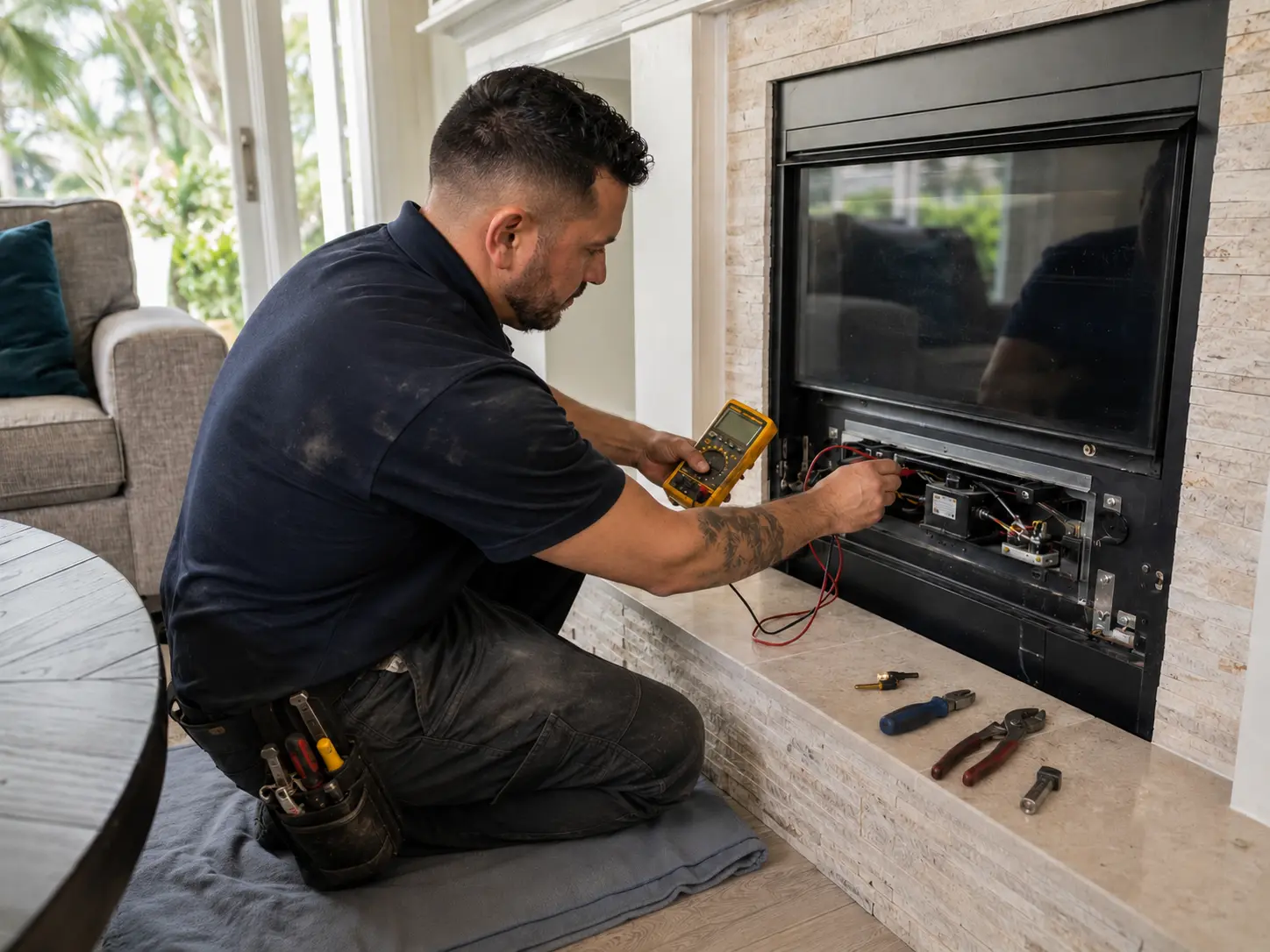 Professional using a multimeter to diagnose gas fireplace electrical controls