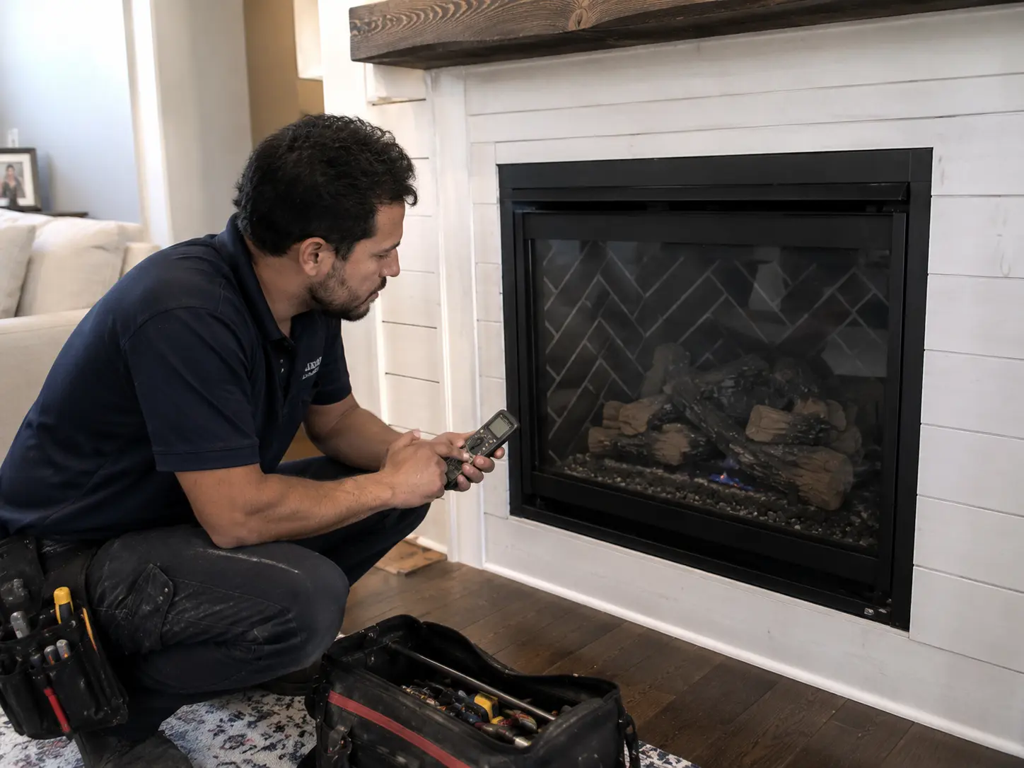 Professional testing the operational response of an installed gas fireplace